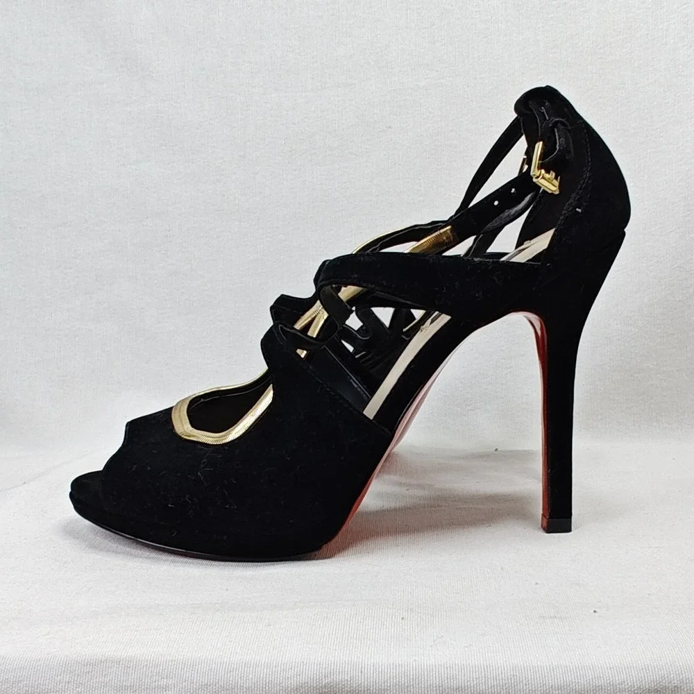 Zara Platform‎ Heels EU 40 Black Gold Snake Chain Strappy Peep Toe Red Sole
